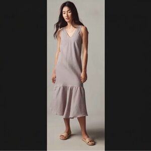American Giant 100% Linen Midi Dress Neutral Taupe Sleeveless V-Neck Minimalist